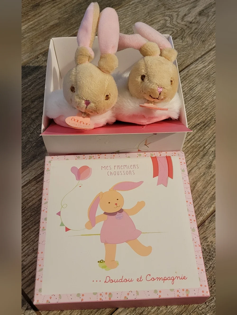 Doudou et Compagnie Paris Bunny Rabbit Bootie Slippers Rattle Ears Pink Soft NEW